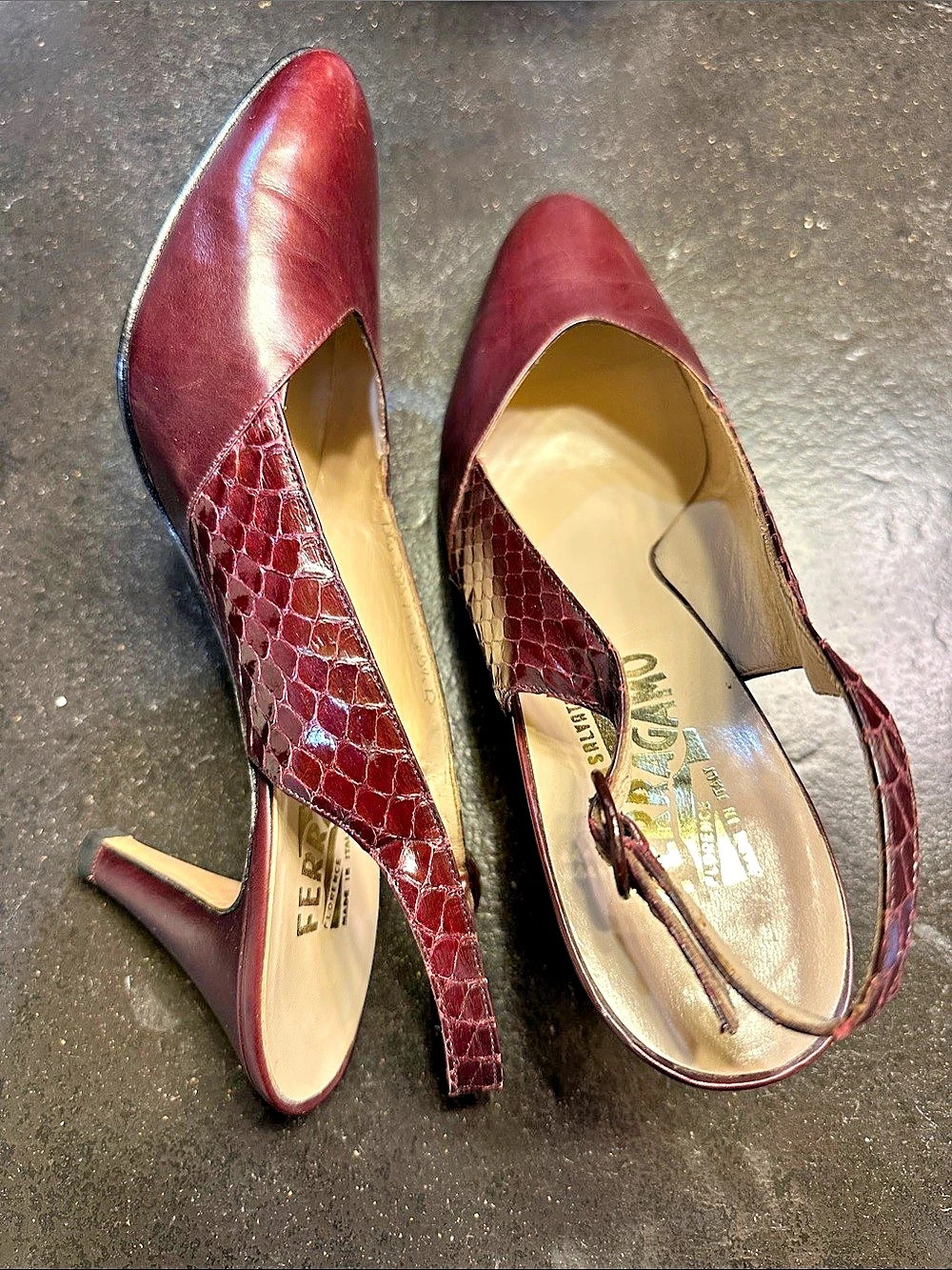 Salvatore Ferragamo Burgundy Embossed Pointed-Toe Heels